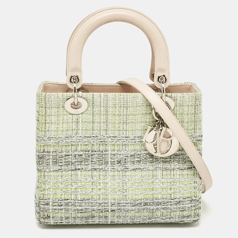 Dior Green/beige Leather And Tweed Medium Lady Dior Tote