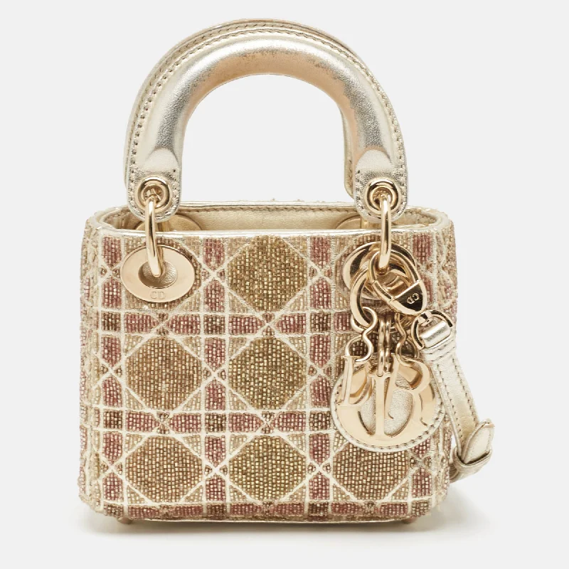 Dior Gold Cannage Leather Micro Beaded Lady Dior Tote