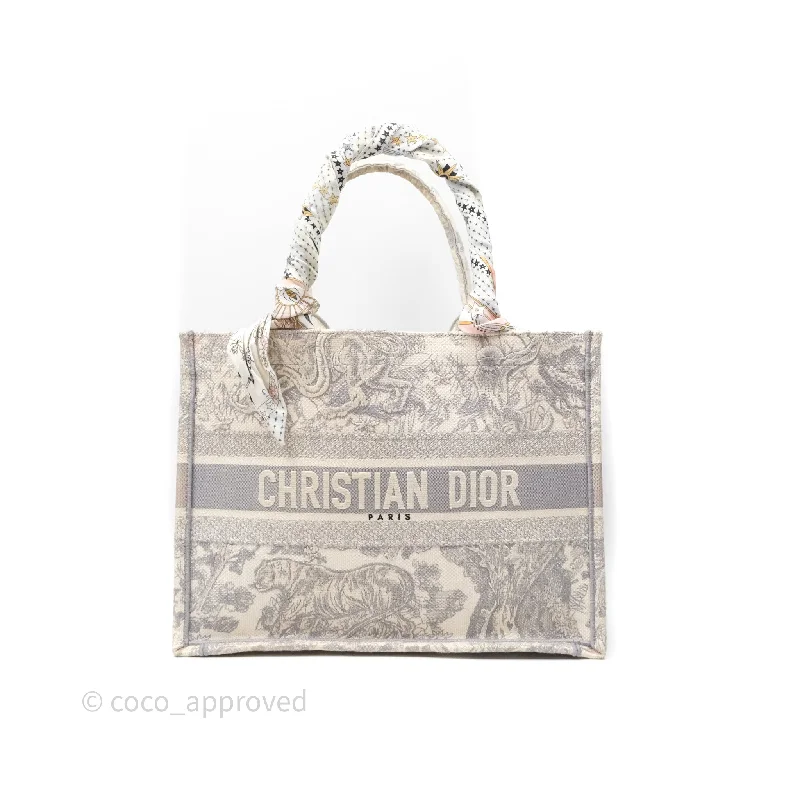 Christian Dior Medium (Old Small) Embroidered Toile De Jouy Light Grey Canvas Book Tote