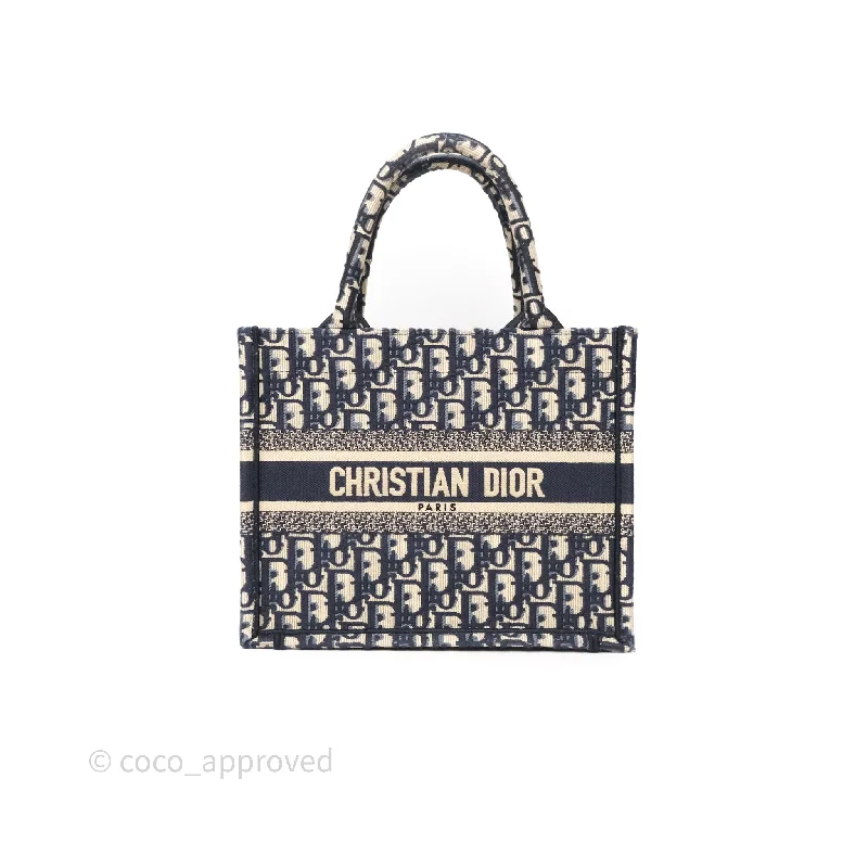 Dior New Small Book Tote Navy Dior Oblique Embroidery Canvas