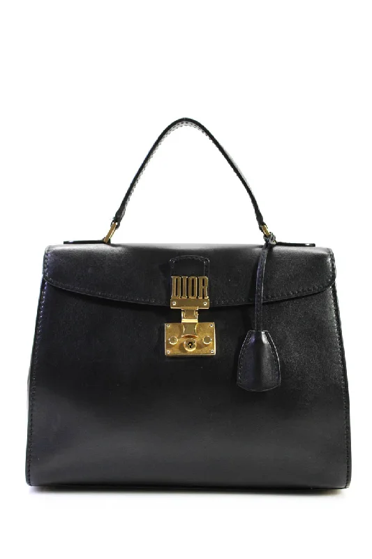 Dior Grained Leather Adjustable Strap Dioraddict Turn Lock Satchel Handbag Black Gold