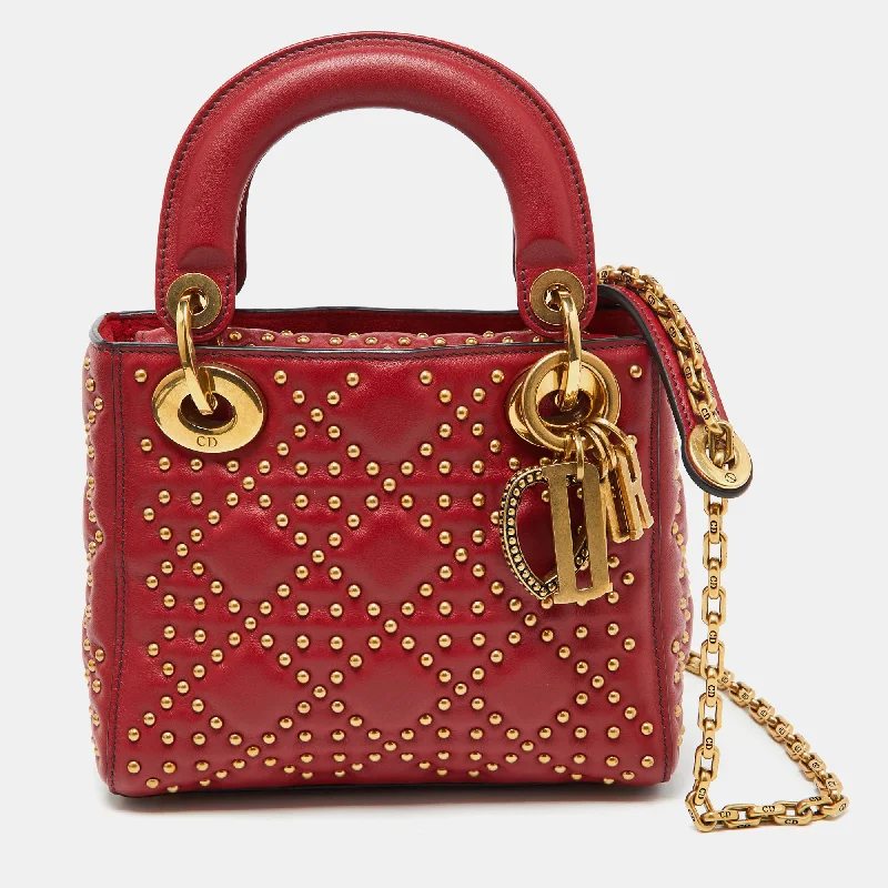 Dior Red Leather Mini Studded Supple Lady Dior Tote