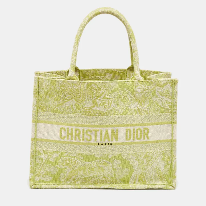 Dior Green/white Embroidered Canvas Medium Toile De Jouy Book Tote