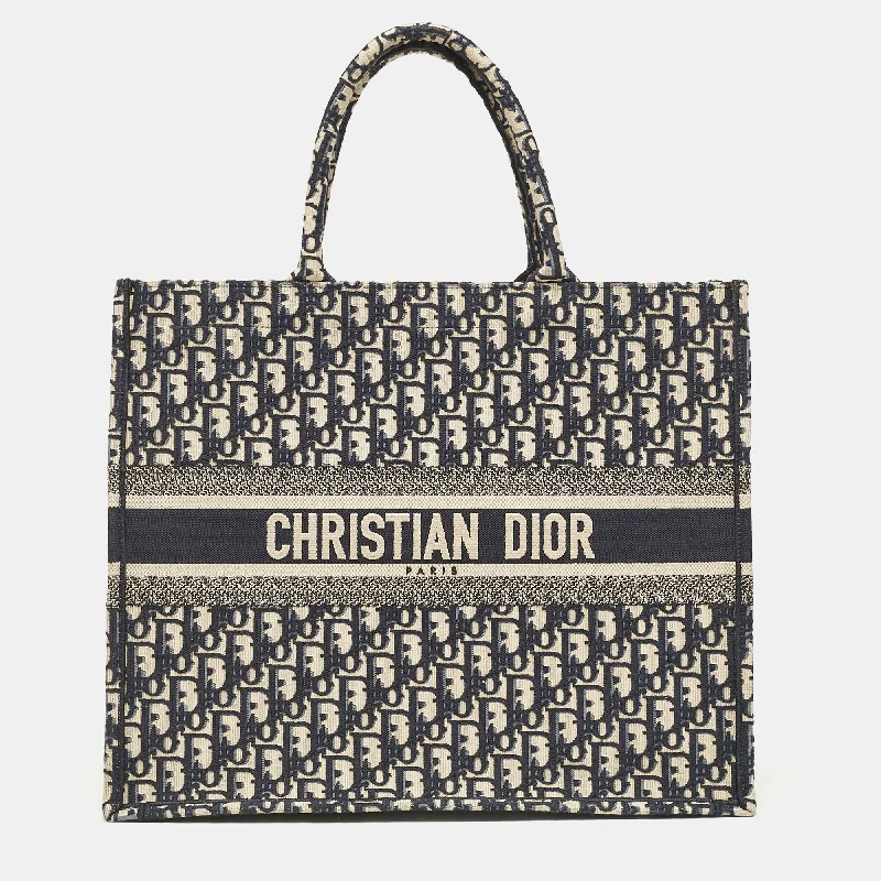 Dior Navy Blue Oblique Embroidered Canvas Large Book Tote