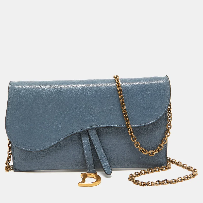 Dior Blue Leather Saddle Wallet On Chain