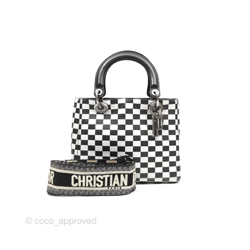 Christian Dior Medium Lady Dior Checkered Black/ White Calfskin