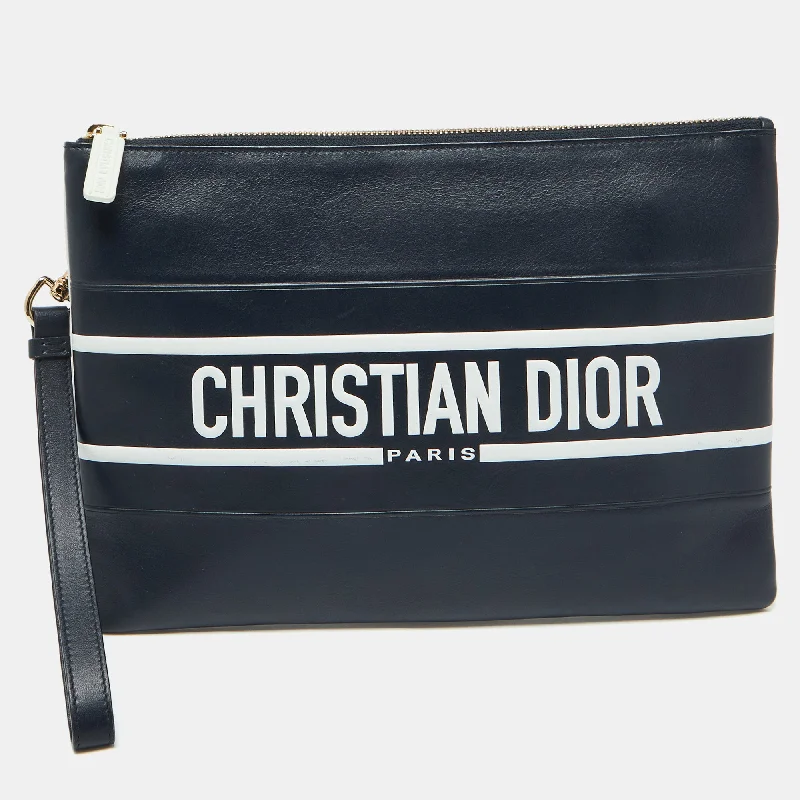 Dior Navy Blue/white Leather Logo Vibe Zip Clutch