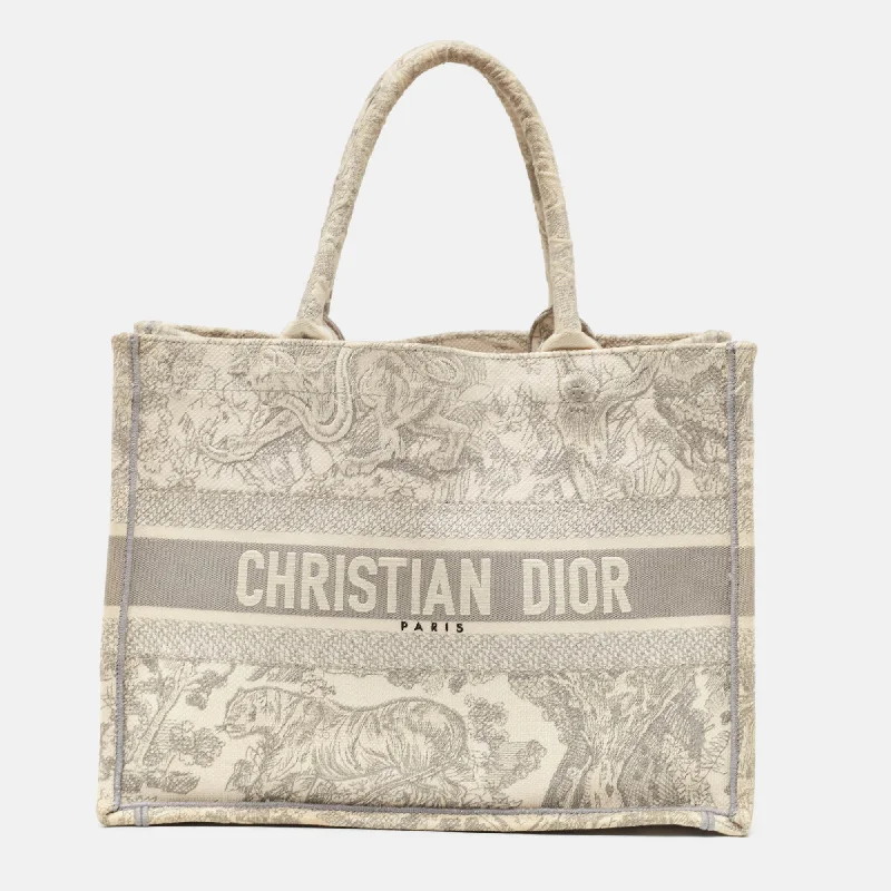 Dior Grey/white Embroidered Canvas Medium Toile De Jouy Book Tote