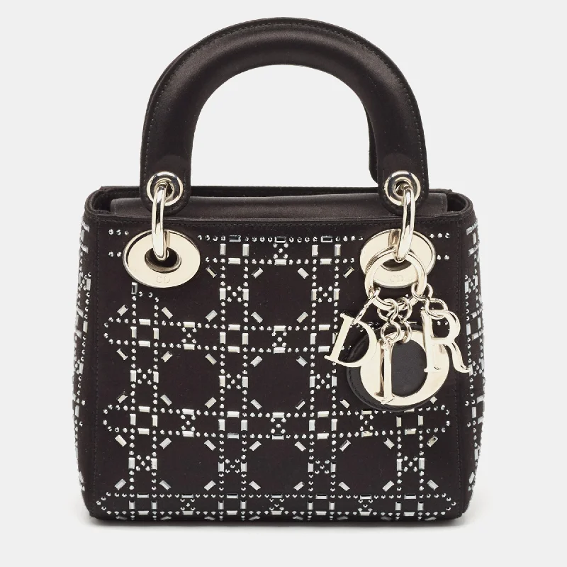 Dior Black Rhinestone Cannage Satin Mini Lady Dior Tote