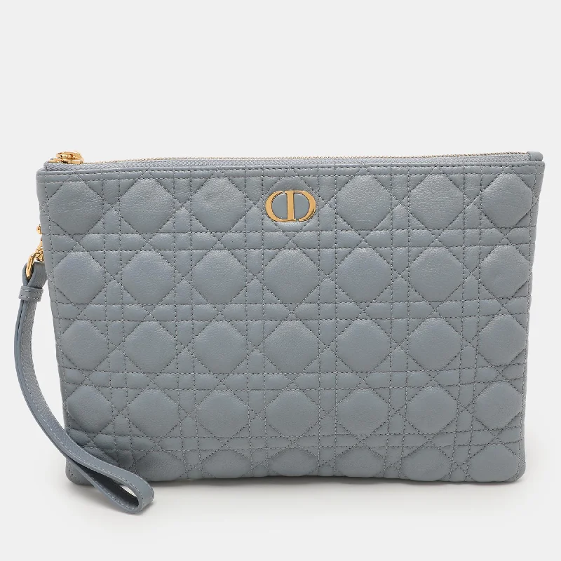 Dior Dust Blue Quilted Leather Caro Wristlet Clutch