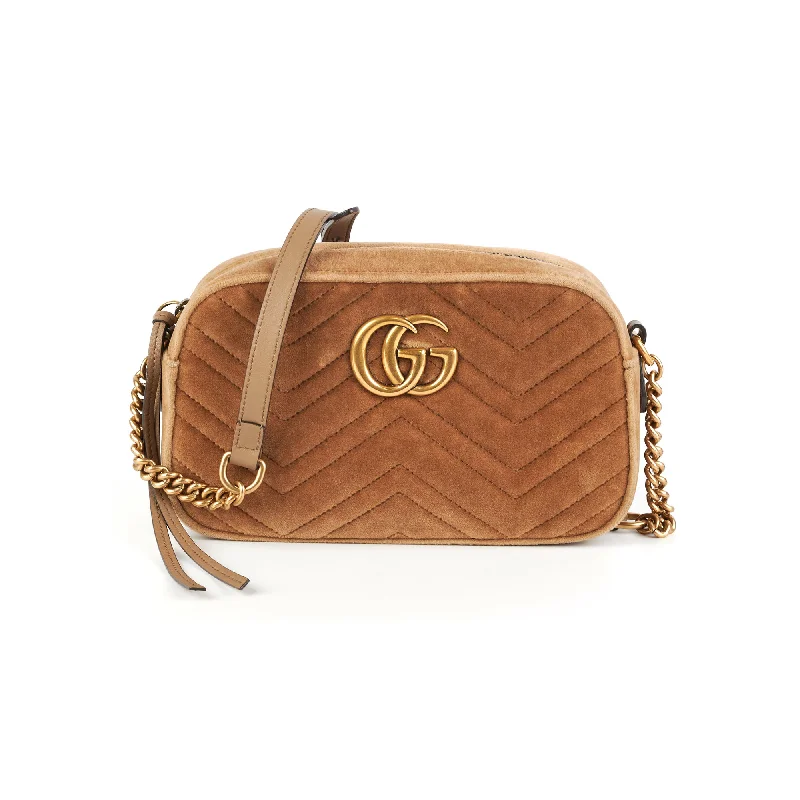 Gucci Marmont Small Tan Velvet Crossbody Bag